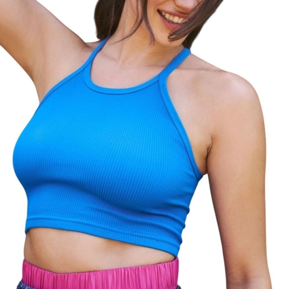 Free People Movement Happiness Runs Crop‎ Tank Blue Ribbed Top Racerback  XS